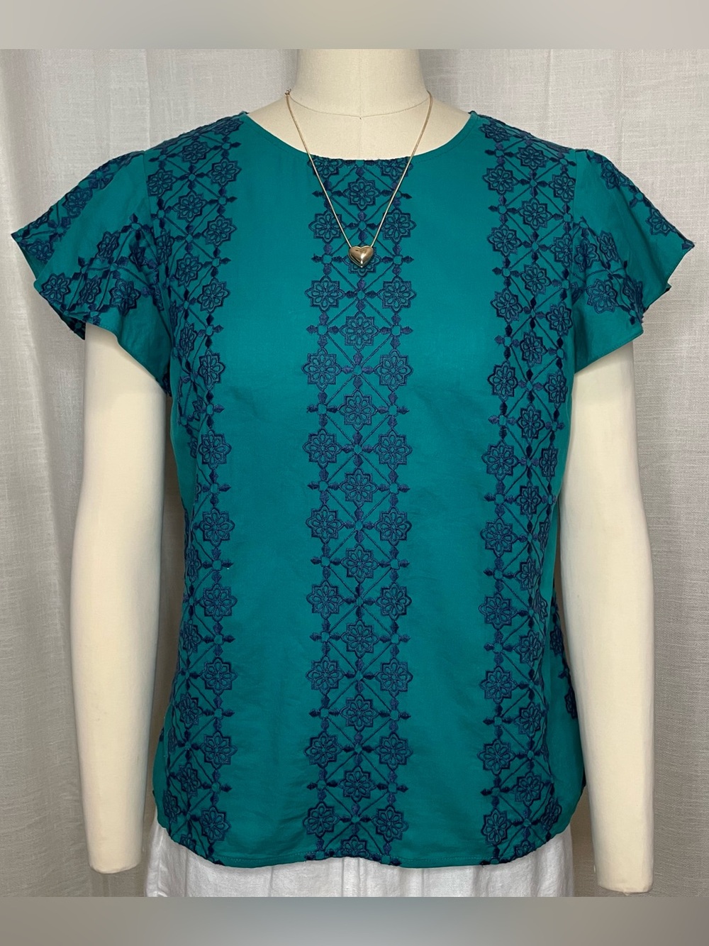 DRAPER JAMES Cotton Embroidered Teal Short-Sleeve Top Size S/M